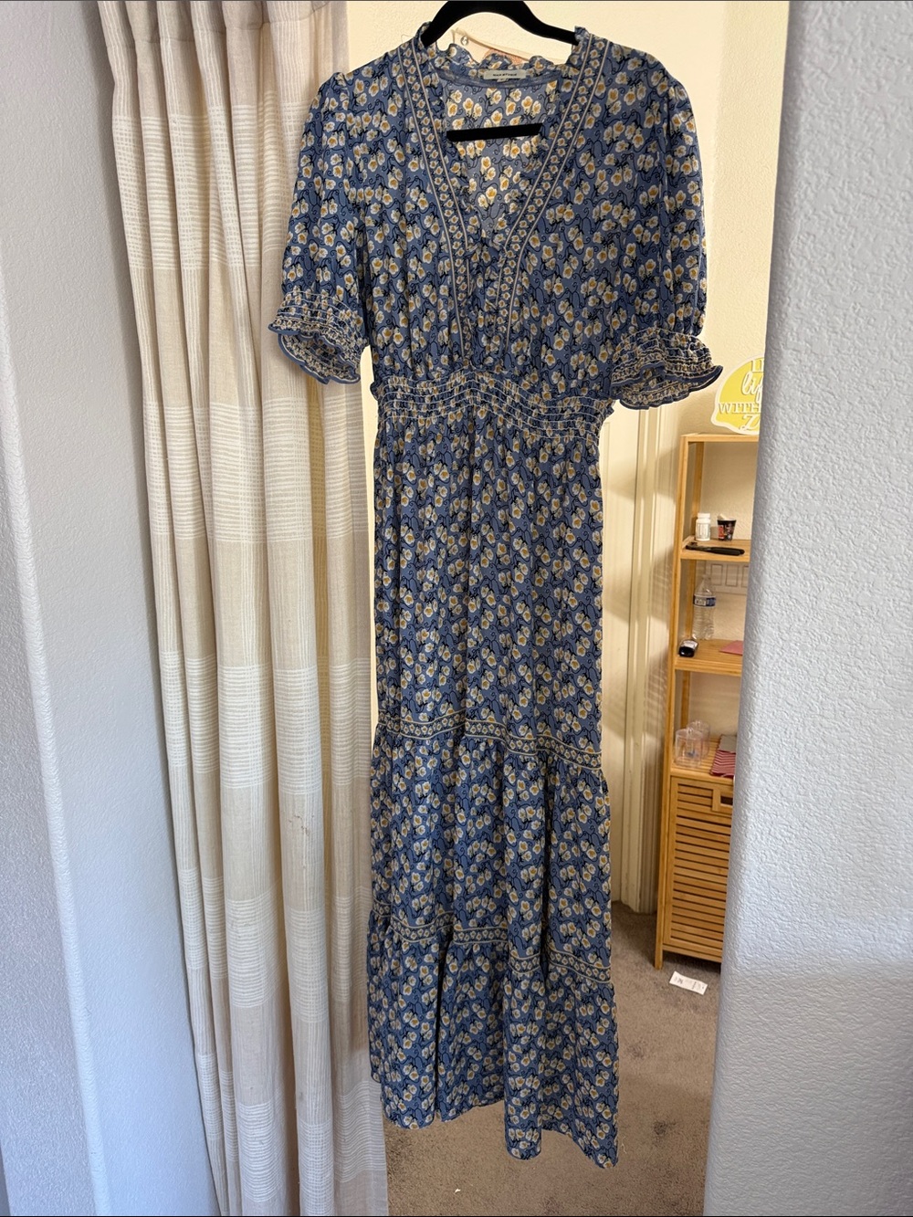 Max Studio Blue Floral Tiered V-Neck Maxi Dress with Puff Sleeves